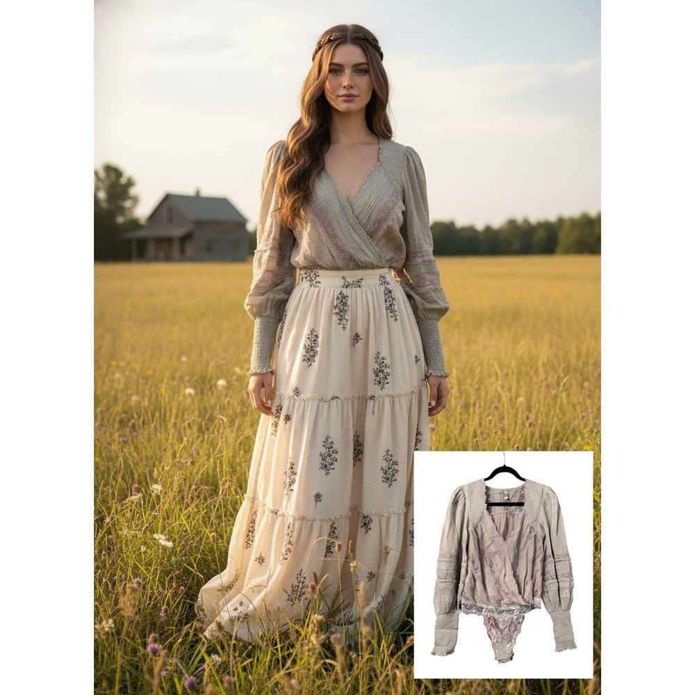 Free People the Eloise Smocked lace Bodysuit in Sage Boho S (see measurements)